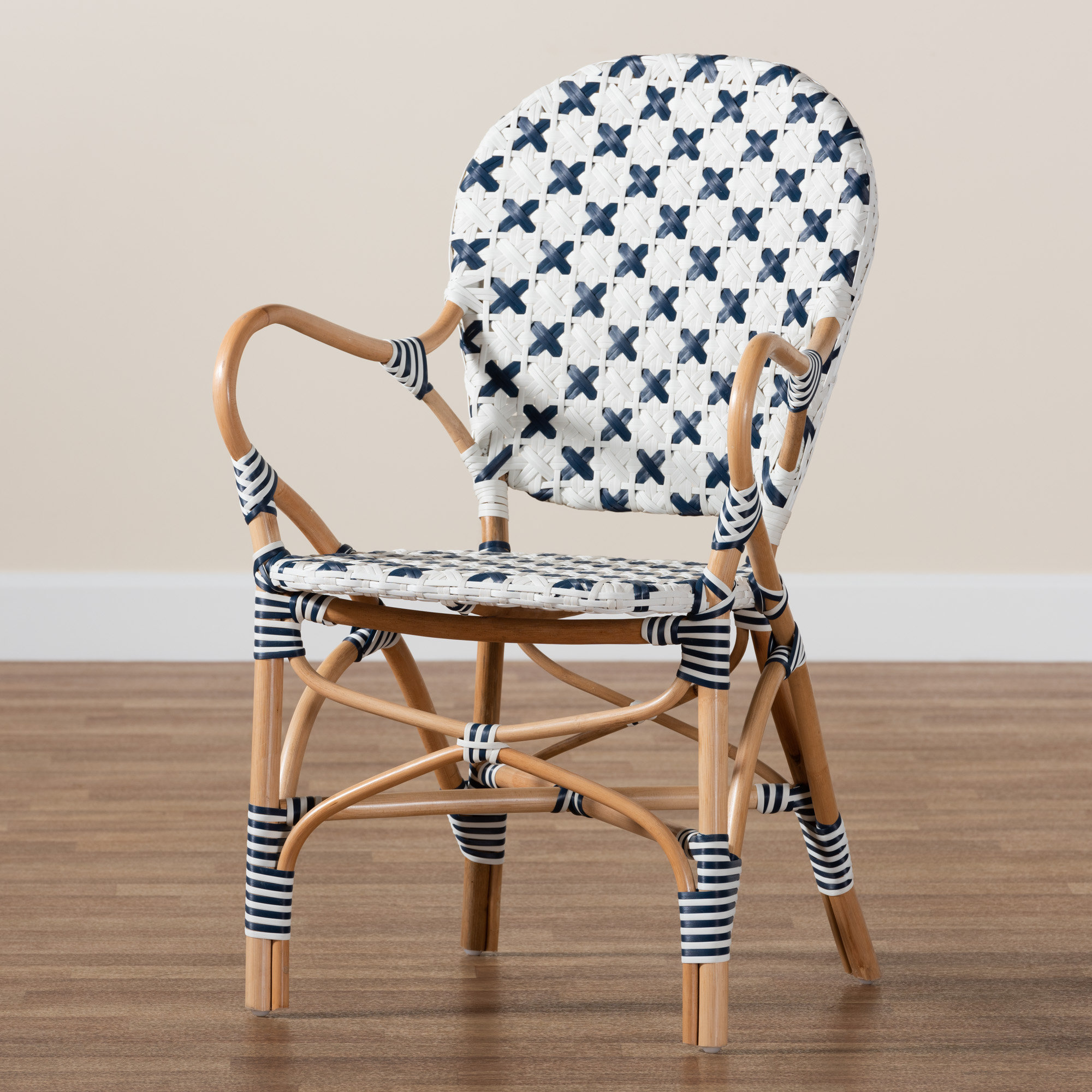 Bay Isle Home Uintah Rattan Arm Chair in Blue White Brown Wayfair